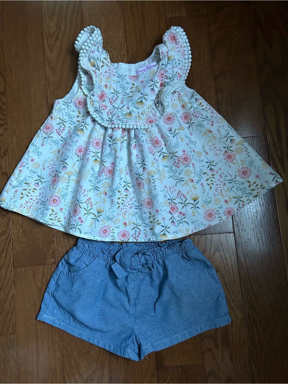 Tommy Bahama Floral Ruffle Baby Tunic Dress Top & Blue Chambray Shorts Set 24M